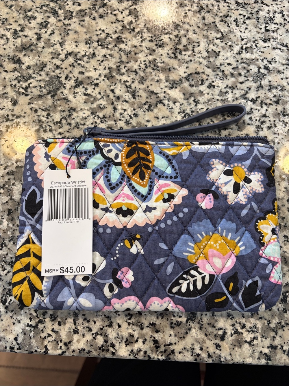 Vera Bradley Quilted Wristlet in Navy with Yellow & Pink Floral